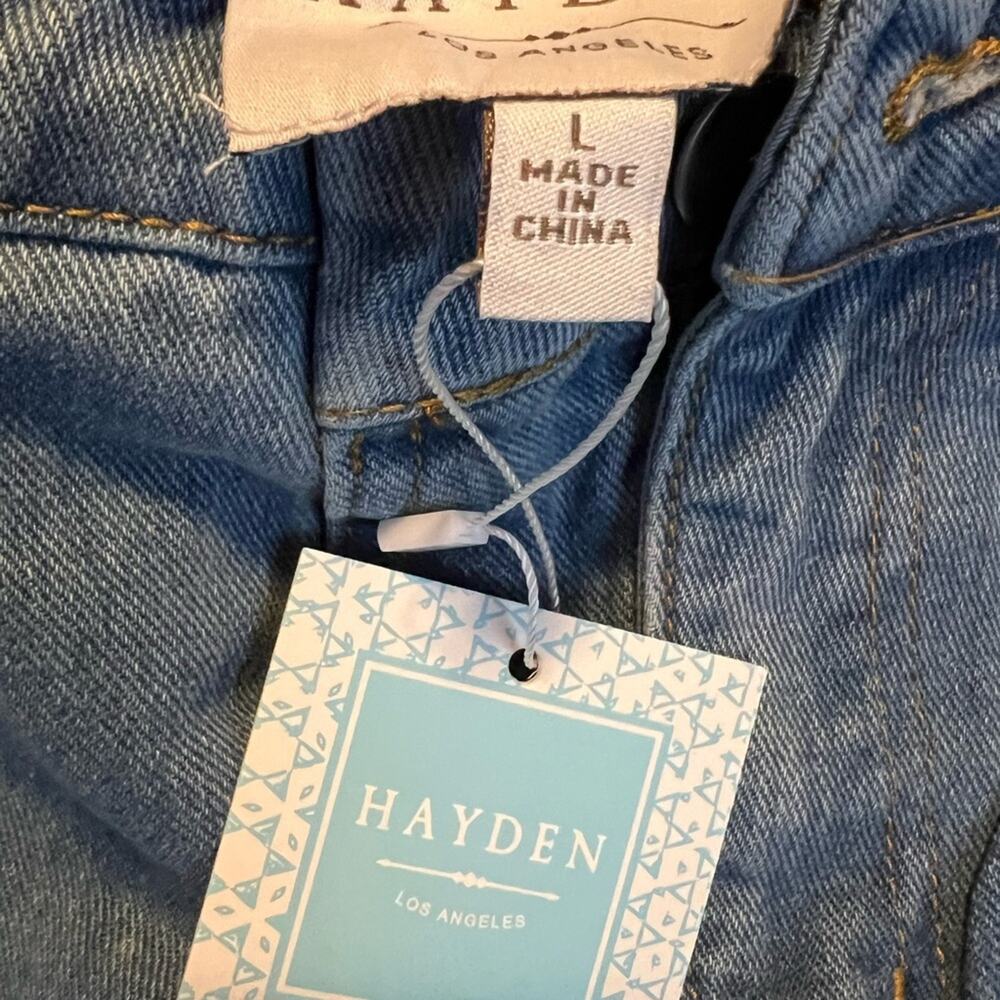 Hayden Denim Mini Skirt Distressed Raw Hem Light Wash Size L NWT - Picture 5 of 6